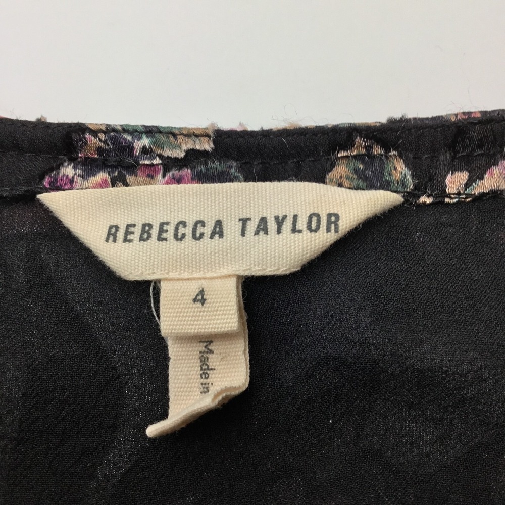 Rebecca Taylor Floral Silk Blend Blouse Womens 4 Black Drawstring Waist - Picture 7 of 8